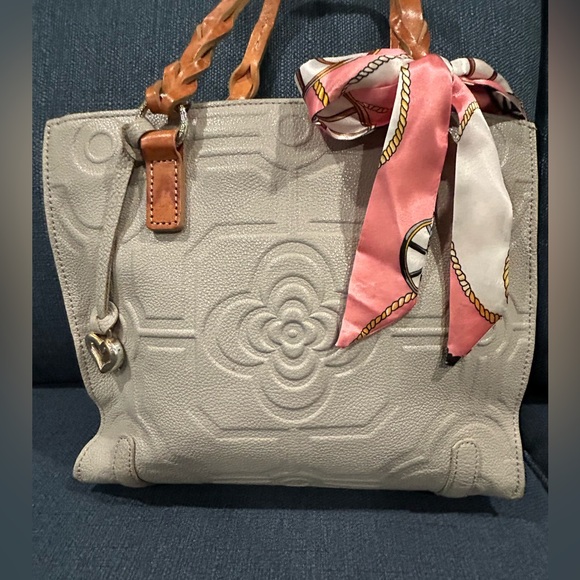 Brighton Floral Embossed Leather Handbag in Gray with Twilly - Picture 11 of 13